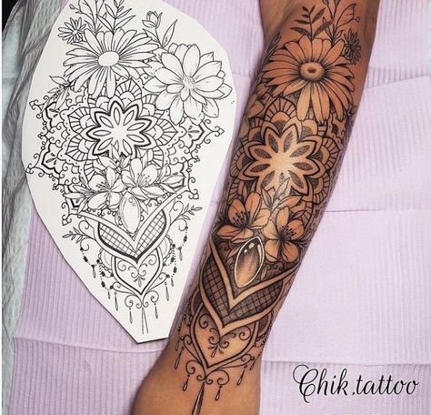 Forearm Mandala Tattoo, Mandala Arm Tattoos, Mandela Tattoo, Floral Mandala Tattoo, Half Sleeve Tattoos Forearm, Mandala Tattoo Sleeve, Mandala Flower Tattoos, Cuff Tattoo, Flores Tattoo