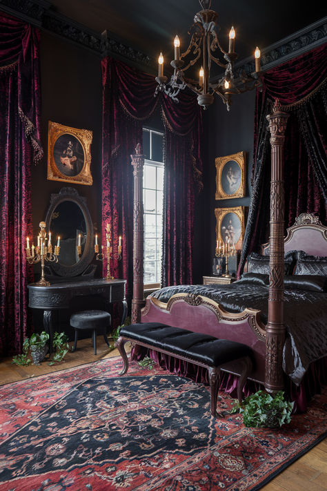 Modern Victorian Interior Design Ideas Vintage Victorian Furniture, Gothic Baroque Interior Design, Victorian Style Bedroom Ideas, Victorian Goth Room, Dark Victorian Interior, Victorian House Inside, Victorian Room Ideas, Vampire House Interior, Gothic Home Aesthetic