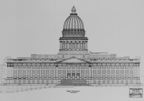 Architectural Drawing of State Capitol Building. Us Capitol Building Drawing, Historian Aesthetic, Statue Of Liberty Drawing, Utah State Capitol, Historic Pictures, Urban Design Plan, Elevation Drawing, Urban Sketches, Building Sketch