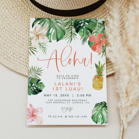 $3.08 | LALANI Tropical Pink Hibiscus Luau 1st Birthday #first luau, luau invitation, luau birthday, pink hibiscus, hibiscus invitation, tropical birthday, aloha birthday, aloha invitation, hula birthday invitation, beach birthday Tropical Pool Party, Luau Party Invitations, Luau Birthday Invitations, Luau Invitations, Tropical Birthday Party, Luau Birthday Party, Hawaiian Birthday, Luau Theme, Tropical Birthday