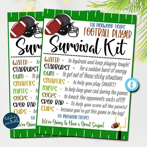 "EDITABLE Football Player Survival Kit! ** All Text is editable so you can make it read what you wish!  You can also change text colors to reflect those of your team as well as upload your own team mascot/logo! You can personalize as many football player survival kit printable cards as you need! These printable survival kit cards/tags are great for team gifts! TEMPLATE FORMATTED SIZES: size of individual card is 3.25\" x 4.5\" - 4 print per sheet Full Editing Options With Templett.com TRY BEFORE Ideas For Football Players Gift, Football Team Pregame Meal, Gifts For Football Players Game Day, Homecoming Goodie Bags For Football, Gifts For Football Team, Football Favors For Players, Football Treats For Players High Schools, Football Team Mom Gift Ideas, Football Basket Ideas For Players