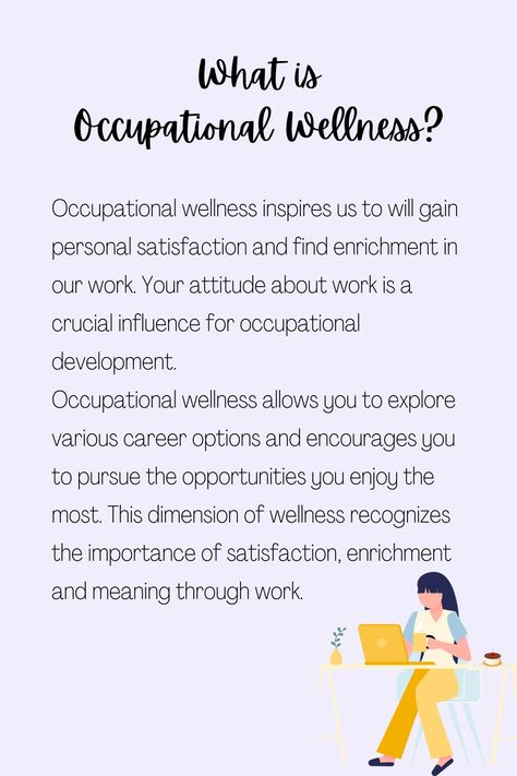 Occupational wellness allows you to explore various career options and encourages you to pursue the opportunities you enjoy the most. This dimension of wellness recognizes the importance of satisfaction, enrichment, and meaning through work. Occupational Wellness, Coaching Questions, Career Options, Coaching, Encouragement, Meant To Be, Career