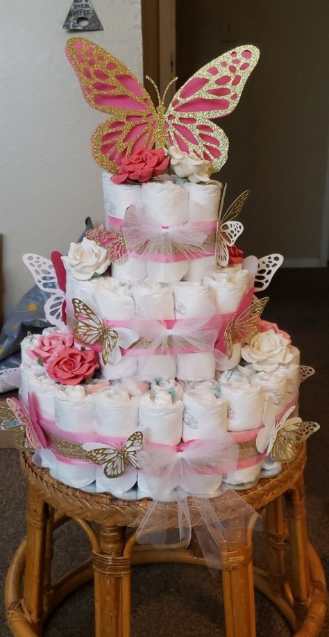 Girl Baby Shower Ideas Butterflies, Baby Shower Diaper Cake For Girl, Diaper Cake Butterfly Theme, Baby Girl Butterfly Shower Ideas, Butterfly Diaper Cake For Baby Girl, Baby Shower Ideas Butterfly Theme, Baby Girl Diaper Cake Ideas, Butterfly Gender Reveal Party, Baby Shower Butterfly Theme Centerpieces