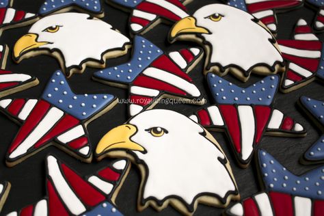 Bald Eagle and Patriotic Star Cookies | Cookie Connection Eagle Cookies Decorated, Eagle Cookies, Royal Icing Cookie Decorating, Usa Cookies, Eagle Scout Cake, Baseball Cookies, Patriotic Cookies, Eagle Scouts, Bird Cookies