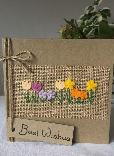 Brown Greeting Cards, Felt Birthday Cards, Spring Greeting Cards Handmade, Greeting Card Inside Ideas, Best Greeting Card Ideas, Spring Greeting Cards, How To Make Cards Handmade, Spring Cards Handmade, Fabric Cards Handmade