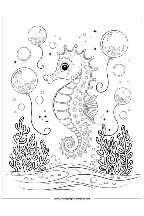 A cheerful seahorse surrounded by bubbles and intricate coral patterns. Cute Seahorse, Ocean Coloring Pages, Fun Classroom Activities, Classroom Activity, Coloring Activity, Relaxing Activities, Ocean Creatures, Color Activities, Classroom Activities