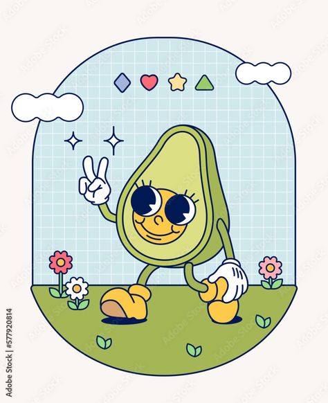 Avocado Cartoon, Retro Character, Contemporary Illustration, Comic Collection, Print Designs Inspiration, Cartoon Characters, Avocado, Stock Vector, Retro Vintage