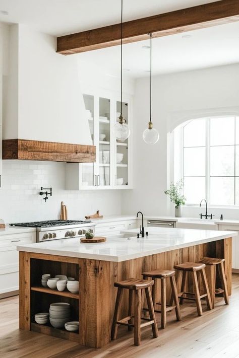 "Transform your kitchen into a light and airy haven with Scandinavian Minimalism! 🍃🍽️ Neutral tones and natural wood make for a peaceful, functional environment. 🌟✨ #ScandiStyle #MinimalistHome #KitchenDesign" Medium Brown Wood Floors Kitchen, Scandinavian Rustic Interior Design, Swedish Kitchen Design, Simple House Interior Design, Scandinavian Cabin Interior, Scandinavian Exterior, Log Cabin Kitchens, Scandinavian Chic, Scandinavian Home Design