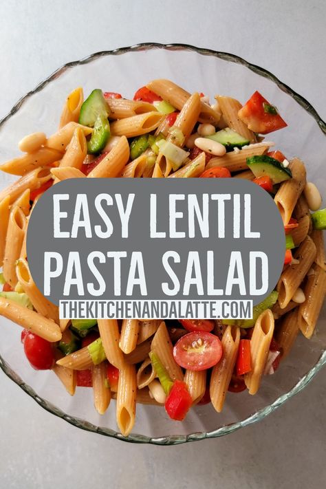 Red lentil pasta salad in a serving bowl ready to serve. Lentil Noodles Recipe, Pasta Salad With No Mayo, Lentil Pasta Salad, Lentil Pasta Salad Recipes, Pasta Lentil Salad, Red Lentil Pasta Salad, Lentil Pasta Recipe Healthy Dinners, Gf Df Pasta Salad, Pastaless Pasta Salad Keto