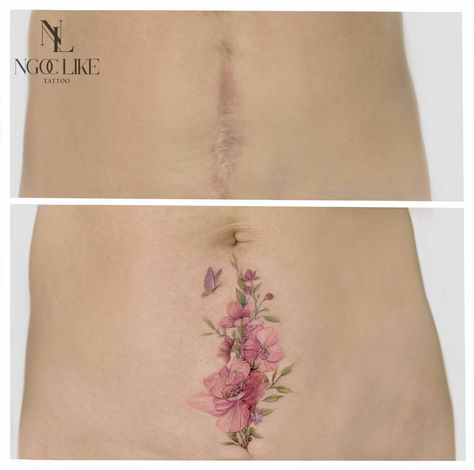 Tattoo Cover Scar Belly, Stomach Cover Up Tattoos, Women Abdomen Tattoo, Vertical Stomach Scar Tattoo Cover Up, C Section Scar Tattoo, C Section Tattoo, Vintage Floral Tattoos, Anklet Tattoos For Women, Abdomen Tattoo