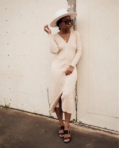 Spring Outfit: cream button down knit dress, oversized white fedora hat, gold jewelry, and black heel sandals http://liketk.it/3abnK #liketkit @liketoknow.it #LTKSeasonal #LTKstyletip #LTKshoecrush Fedora Hat Dress Outfit, Hat Dress Outfit, Black Heel Sandals, Outfit Cream, White Fedora Hat, White Fedora, Black Heel, Black Sandals Heels, Heel Sandal