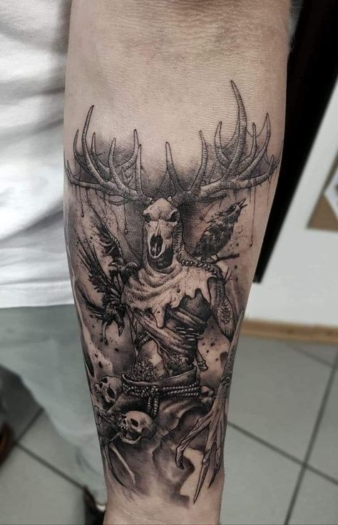 The Witcher Tattoo Sleeve, Witcher Monster Tattoo, Witcher Sleeve Tattoo, Skin Walker Tattoo, Druid Tattoo Ideas, The Witcher Tattoo Design, Skeleton Shoulder Tattoo, Leshen Witcher Tattoo, Draugr Tattoo