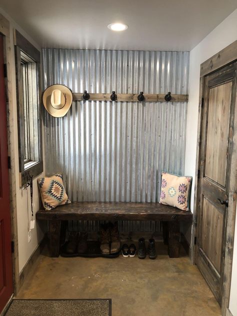 Galvanized Tin Walls Mudroom, Galvanized Metal Half Wall, Corrugated Metal Wall Laundry Room, Metal Shower Walls Corrugated Tin, Corigated Metal Walls Rustic, Tin And Wood Walls, Corigated Metal, Barn Tin Wall, Galvanized Tin Walls