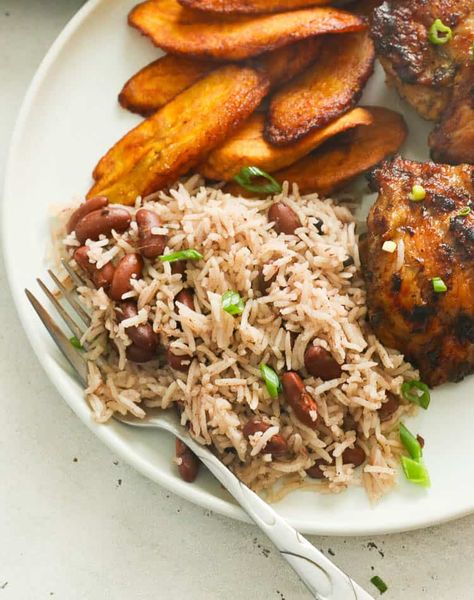 Jamaican Rice and Peas - Immaculate Bites Fried Plantains Jamaican, Jerk Chicken And Rice Recipe, Chicken And Plantains, Jamaican Rice And Beans, Chicken Rice And Peas, Jerk Chicken Marinade, Jamaican Rice And Peas, Jerk Chicken And Rice, Jamaican Chicken