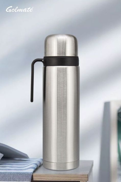 Classic style! Easy to carry and handy. Perfect for outdoor activities and gym. Get quotes: info@golmate.com #vacuumflask #thermalinsulation #insulation #classicstyle #hotsale #wholesale #stainlesssteel #waterbottle #thermos #holidayseason #hotdrink Tea Flask, Spoon Handles, Thermos Food Jar, Flask Design, Bottle Drawing, Food Jars, Flask Bottle, Thermos Flask, Outdoor Gym