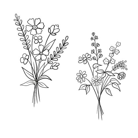 Premium Vector | Collection of herbs and wild flowers and leaves isolated Simple Drawings Flowers, Flower Bouquet Drawing, Simple Flower Drawing, Lettering Styles Alphabet, Bible Journaling Ideas Drawings, Flowers Graphic, Flower Vector, Birth Flower Tattoos, Flower Outline