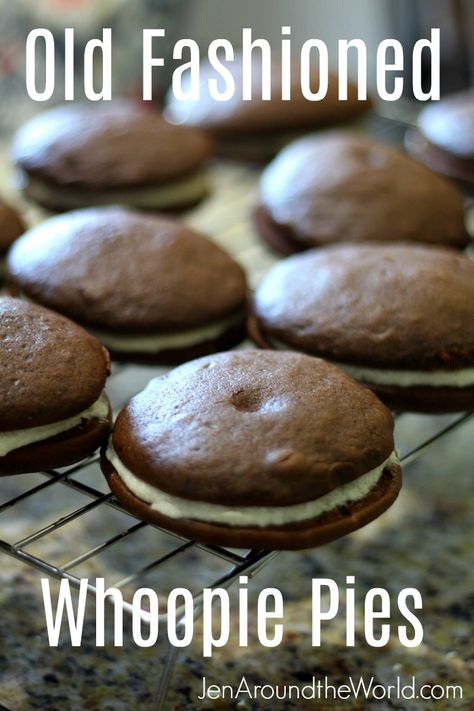 Old Fashioned Whoopie Pie - Jen Around the World Whoopie Pie Filling Marshmallow, Whoopi’s Pie Filling, Old Fashioned Desserts, Whoopie Pie Recipe, Cream Puff Recipe, Paula Deen Recipes, Whoopie Pie, Homemade Popsicles, Baking Cocoa