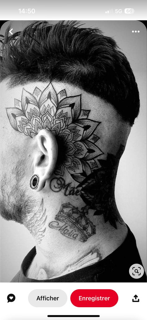 Mandala Head Tattoo Men, Head Tattoo Mandala, Side Of Head Tattoo Men, Mandala Head Tattoo, Side Head Tattoo, Head Tattoos For Men, Head Tattoo Men, Geometric Tattoo Neck, Undercut Tattoos