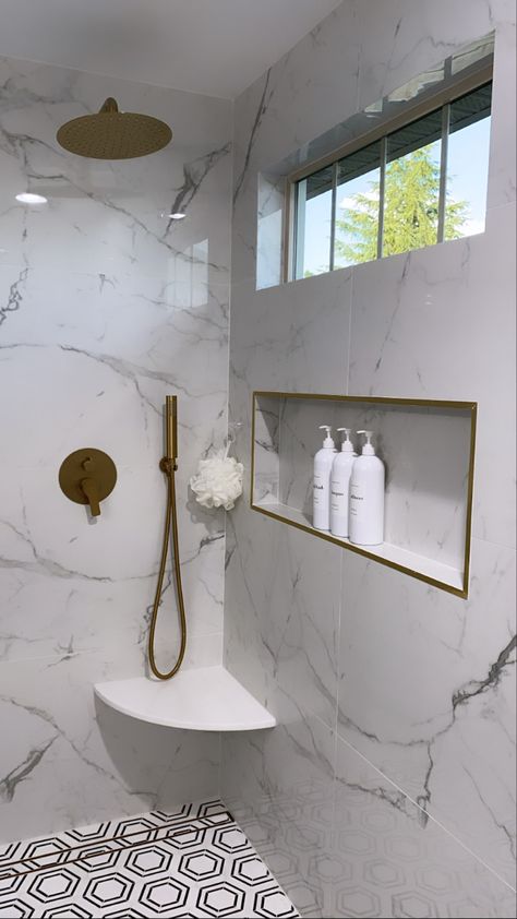 Marble shower
White shower
Gold shower
Gold rain shower Bath Redo, Full Bathroom Remodel, Ensuite Bathroom, Bathroom Redesign, Bathroom Inspo, Bath Remodel, House Architecture Design, Shower Wall, Bathroom Makeover