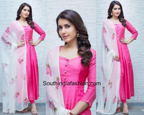 For Tholi Prema Interviews, actress Raashi Khanna wore a pink salwar suit paired up with a contrast floral printed dupatta by Picchika. silver jhumkis from Bcos It's Silver completed her look. Picchika by Urvashi Sethi, pink salwar with white dupatta, plain salwar floral dupatta Floral Dupatta, Kalamkari Dresses, Raashi Khanna, Churidar Designs, Indian Designer Suits, Simple Kurta Designs, Long Kurti Designs, Salwar Kamiz, Dress Neck Designs