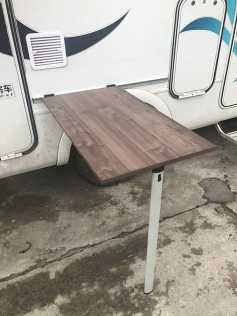 Rv Folding Table Ideas, Diy Camper Table, Rv Table Ideas, Camper Upgrades, Camper Table, Tiny Camper Trailer, Caravan Hacks, Pop Up Camper Ideas, Van Table