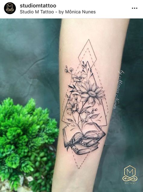 Book And Nature Tattoo, Geometric Book Tattoo, Floral Book Tattoo, Book Tattoo Ideas For Women, Booklover Tattoo, Reader Tattoo Ideas, Book Inspired Tattoos, M Tattoo, Bookish Tattoos