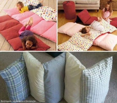 Check out these easy to make pillow bed craft tutorials that are the perfect craft to make for your kids!  This is a great way to reuse those old pillows by sewing them together into a crafty bed! Diy Futon, Backrest Pillows, Pillow Mattress, Futon Covers, Old Pillows, Kids Bean Bags, Pillow Tutorial, Pillow Bed, Diy Flooring