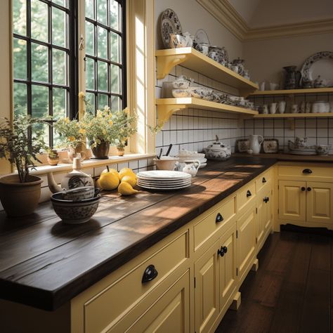 Ebony Countertops and Butter Yellow Cabinets Image Dark Yellow Kitchen, Dark Butcher Block Countertops, Blue Quartz Countertops, Wooden Counter Tops, Dark Granite Countertops, Black Quartz Countertops, Light Cabinets, Slate Countertop, Dark Counters