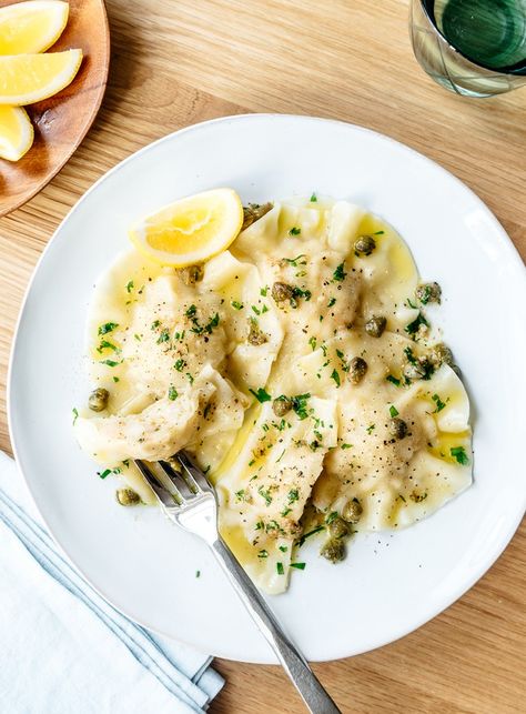 Prawn Ravioli with Lemon and Caper Sauce Prawn Ravioli, Ravioli Filling, Caper Sauce, Brown Butter Sauce, Filled Pasta, Ravioli Recipe, Wonton Wrappers, Favourite Food, Appetizer Salads