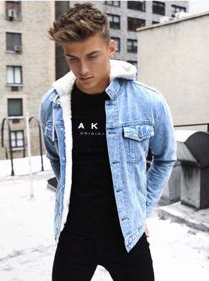 Jacket Outfit Men, Denim Jacket With Fur, Lined Denim Jacket, Hooded Denim Jacket, Mens Casual Dress Outfits, Jacket Outfit, Denim Jacket Men, Mens Casual Outfits, Casual Style Outfits