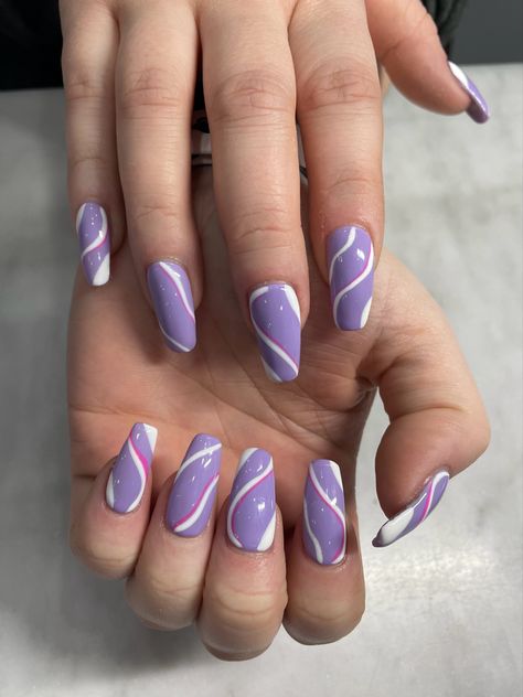 Pink White And Purple Nails, Wavy Lines Nails, Pink Purple Nails, Lines Nails, White Tip Nails, Lilac Nails, Lines On Nails, Cute Acrylic Nail Designs, Nail Stuff