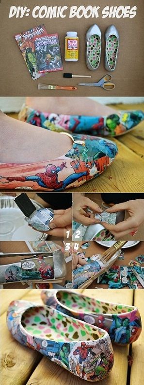 Comic Book Shoes – DIY | ~*Please Follow Along with Me *~ Comic Book Shoes, Decoupage Shoes, Floral Decoupage, Shoe Makeover, Diy Clothes Refashion, Tutorial Diy, Geek Culture, Crafty Craft, Diy Shoes