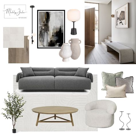 Grey Moodboard Interior, Grey Floor Mood Board, Grey Mood Board Interiors, Living Room Mood Board Grey Couch, Interior Design Mood Board Presentation Living Room, Moodboard White, Material Moodboard, Different Decorating Styles, Grey Living Room