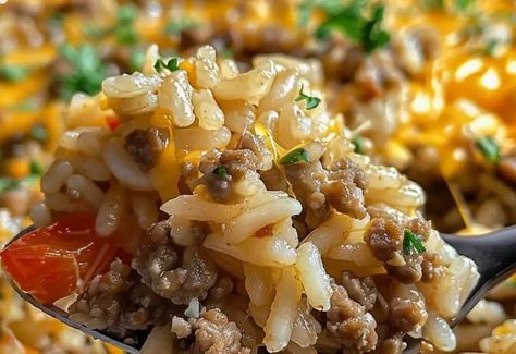 Easy Hamburger Rice Casserole Rice Ground Beef Casserole, Beef Consomme, Easy Dinner Ground Beef, Hamburger Rice Casserole, Hamburger Rice, Ground Beef Rice, Main Entrees, Beef Rice, Easy Hamburger