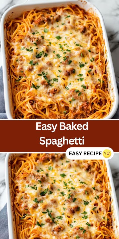 Discover the ultimate comfort food with this Easy Baked Spaghetti recipe. Perfect for busy weeknights, this dish features layers of tender pasta, savory ground beef, and a rich marinara sauce, all topped with a blend of melted mozzarella, cheddar, and Parmesan cheese. Simple to make and loaded with flavor, this baked spaghetti is a crowd-pleaser that’s sure to become a family favorite. Baked Cheese Spaghetti, How To Make Baked Spaghetti, Mozzarella Baked Spaghetti, Bake Spaghetti Recipe Easy, Baked Spaghetti With Ground Beef, Baked Spaghetti Recipe With Cream Cheese, Baked Speggetti Recipes Simple, Spaghetti Bake Recipe Easy, Spaghetti Lasagna Bake