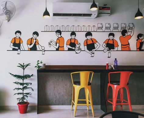 Selfie Wall For Restaurant, Selfie Wall For Cafe, Canteen Wall Design, Coffee Shop Mural Ideas, Restaurant Selfie Wall Ideas, Street Food Painting, Wall Painting Ideas Cafe, Cafe Selfie Wall, Cafeteria Wall Design