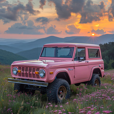 A pink 1976 Ford Bronco parked in a field of wildflowers with a breathtaking sunset in the background. Old Classic Trucks, Ford Bronco Old, Pink Ford Bronco, Pink Bronco, Ford Aesthetic, Recreate Photos, Old Ford Bronco, Bronco Car, Vintage Bronco