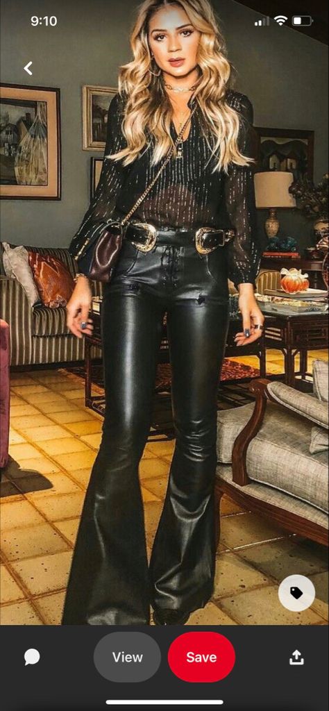 Country Outfit Leather Pants, Leather Glam Outfit, Rockers Outfit For Women, Flare Leather Pants Outfit Winter, Boho Leather Pants Outfit, Work Outfits Women Leather Pants, 80s Leather Pants Outfit, Western Rockstar Outfit, Leather Pant Country Outfit