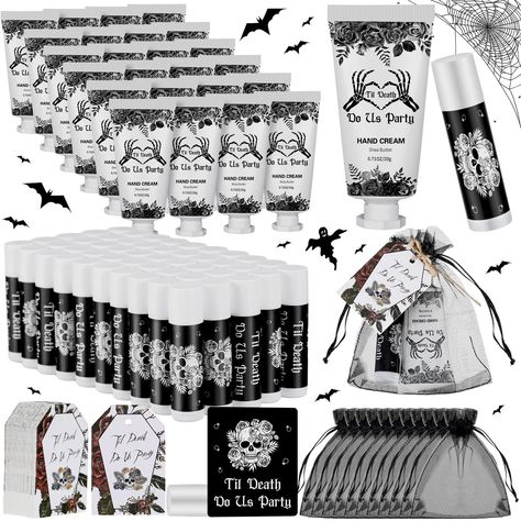 Gothic Wedding Guest Gifts, Gothic Bridal Shower Ideas, Unique Wedding Favors For Guests, Bachelorette Party Decoration, Dark Wedding Theme, Dream Wedding Reception, Bridal Shower Inspo, Cream Bag, Halloween Themed Wedding