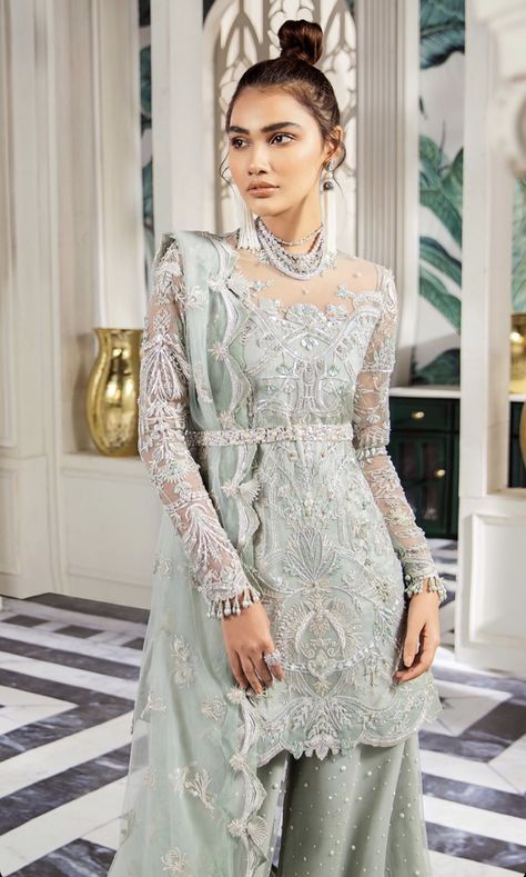 Freesia by Suffuse ‘19 Frock Sharara, Mint Green Outfits, Short Frocks, Mint Green Shorts, Nikah Dress, Short Frock, Heavy Dresses, Formal Wear Dresses, Pure Chiffon