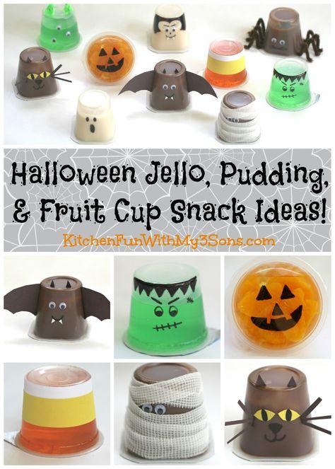 Pudding, Fruit, & Halloween Jello Cups for Kids that takes just minutes to make! These fun & spooky snacks are great ideas for class parties at school! Halloween Classroom Treats, Halloween Jello, Halloween Snacks For Kids, Jello Cups, Kids Halloween Food, Halloween School Treats, Fruit Pudding, Halloween Class Party, School Halloween Party