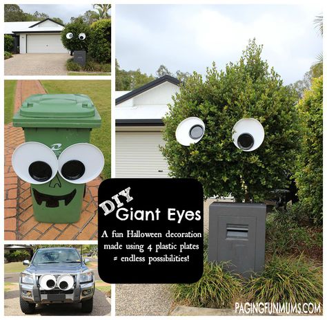 DIY Giant Googly Eyes!! Perfect for Halloween and so EASY to make!!  We have the whole street making them!! Creepy Eyes Halloween Decor, Diy Halloween Bush Eyes, Eyes In Bushes Halloween, Monster Bushes Halloween, Bush Monster, Yard Pranks, Giant Googly Eyes, Cheap Diy Halloween Decorations, Googley Eyes