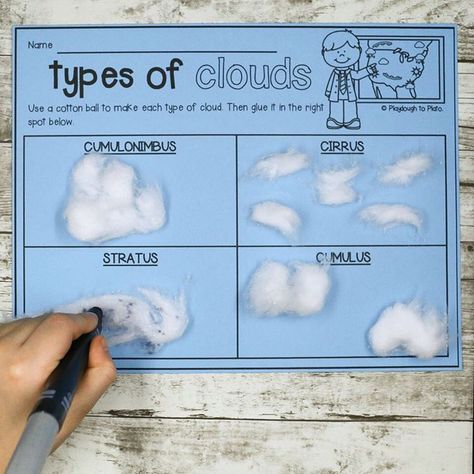 create my own - edit to match curriculum Clouds With Cotton Balls, Weather Lesson Plans, How To Paint Clouds, Types Of Clouds, Cloud Activities, Teaching Weather, Weather Lessons, Space Activities For Kids, Playdough To Plato