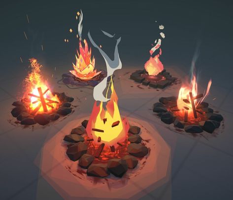 Campfire Concept Art, Stylized Fire, Campfire Drawing, Campfire Scene, Fire Animation, Props Concept, Digital Texture, Game Props, Game Illustration