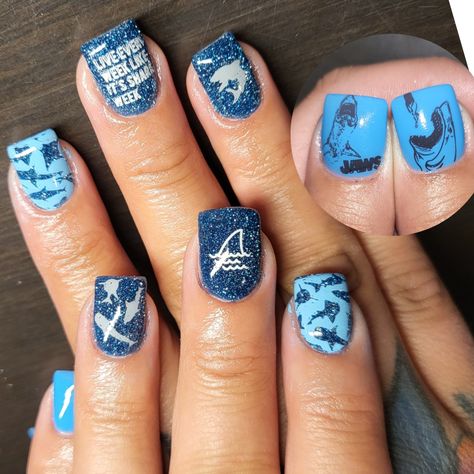 Shark week nails! Shark Week Nails, Cute Shark Nails, Shark Nail Ideas, Meg Shark, 3d Shark Nails, Shark Inspired Nails, Shark Week Nails Art Designs, Shark Nails, Shark Fin Nails