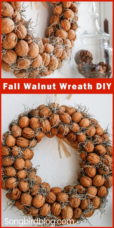 Two stacked images of a homemade walnut wreath. Text overlay: fall walnut wreath diy. Walnut Wreath Diy, Walnut Wreath, Walnut Decoration, Advent Centerpiece, Wreath Advent, Couronne Diy, Advent Decorations, Easy Diy Wreaths, Unique Holiday Decor