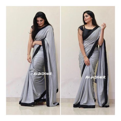 Saree Black Blouse, Diamond Saree, Saree Black, India Fabric, Grey Saree, Designer Sarees, Black Border, Black Blouse, Silk Saree