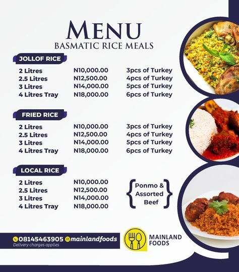 food menu online flyer design poster mainland food menu get food menu flyer Menu Poster Design, Bake Sale Flyer, Rice Meals, Menu Poster, Catering Food Displays, Price List Design, Menu Online, Menu Flyer, Jollof Rice