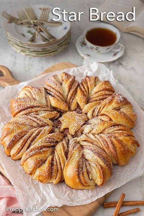 Made with kitchen staples, this Star Bread recipe is a soft and fluffy pull-apart bread perfect for dessert. With layers of cinnamon sugar between the dough, this beautiful treat will not last long once you’ve set it out. Star Bread Recipe, Cinnamon Star Bread, Preppy Kitchen Recipes, Brunch Summer, Star Bread, Recipes For The Holidays, Italian Cream Cakes, Fall Brunch, Preppy Kitchen