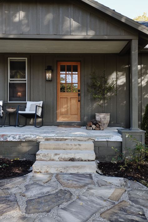 Front Porch Board And Batten, Dark House Front Porch, Sherwin Williams Muddled Basil, Board And Batten Cottage Exterior, Flagstone House Exterior, Muddled Basil Exterior, Mud Room Addition Exterior, Green Ranch House, Modern Cotswold House